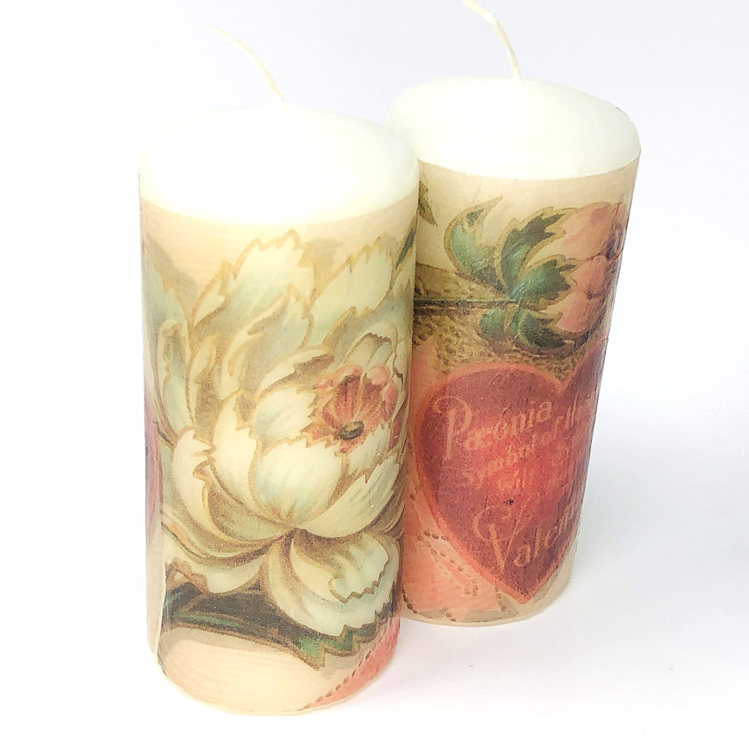 valentine's day antique hart and flowers, handmade 2 pieces set Decoupage up cycle pillar candle 2 x 4 inches tall white unscented centerpiece, hand decorated