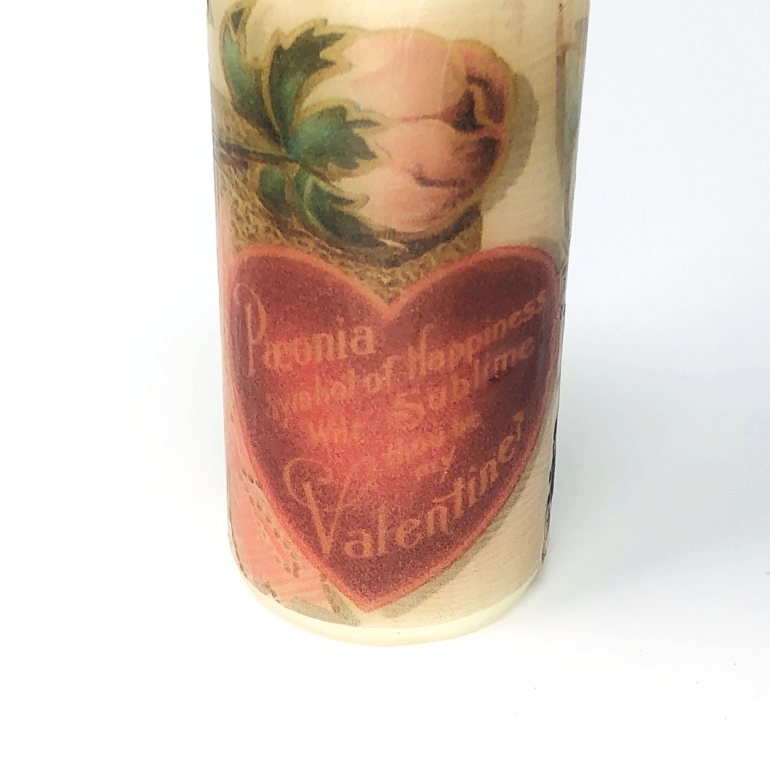 valentine's day antique hart and flowers, handmade 2 pieces set Decoupage up cycle pillar candle 2 x 4 inches tall white unscented centerpiece, hand decorated