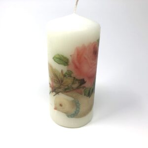 Valentine's day Dove and pink rose, handmade 2 pieces set Decoupage up cycle pillar candle 2 x 4 inches tall white unscented centerpiece, hand decorated