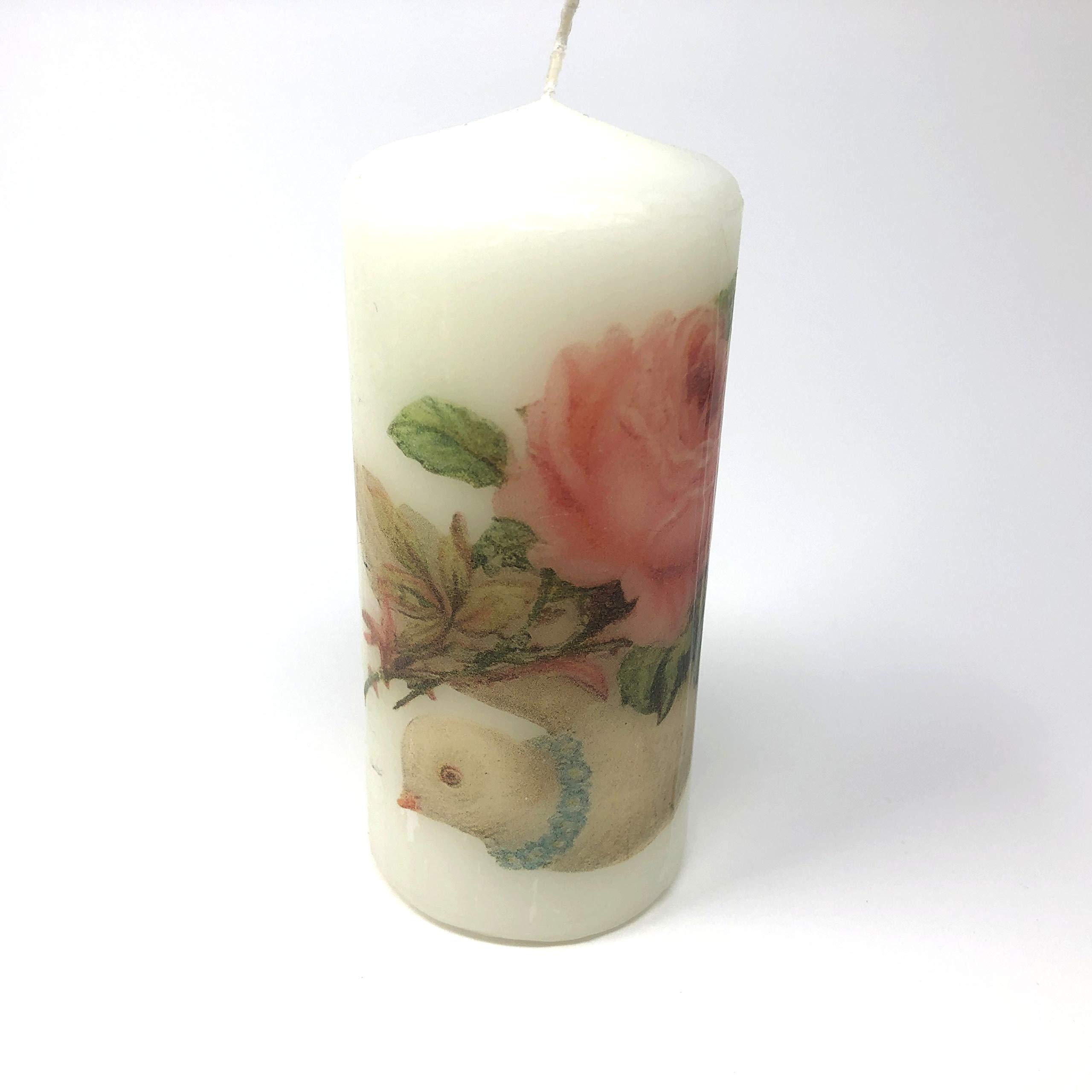 Valentine's day Dove and pink rose, handmade 2 pieces set Decoupage up cycle pillar candle 2 x 4 inches tall white unscented centerpiece, hand decorated