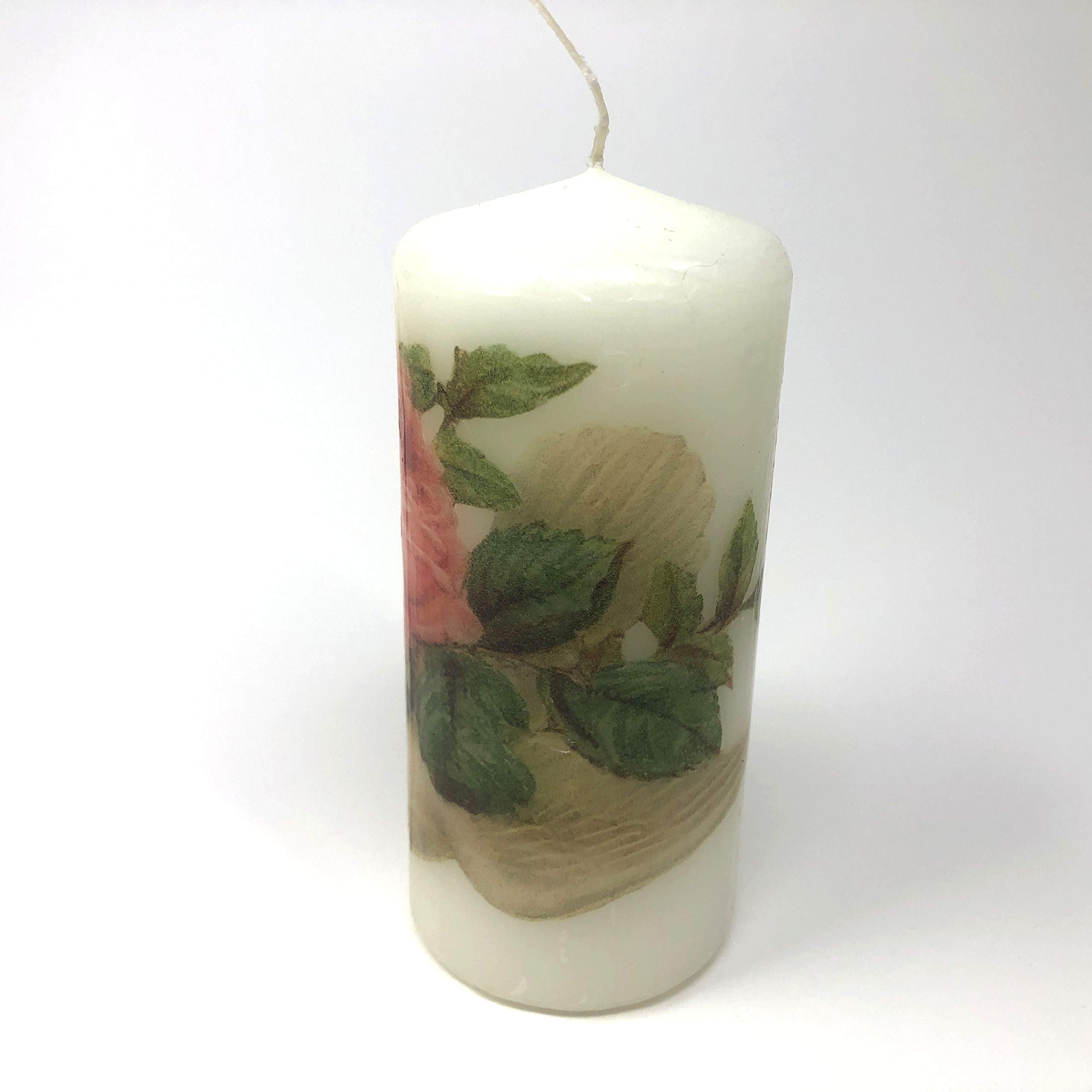 Valentine's day Dove and pink rose, handmade 2 pieces set Decoupage up cycle pillar candle 2 x 4 inches tall white unscented centerpiece, hand decorated