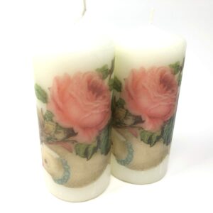 Valentine's day Dove and pink rose, handmade 2 pieces set Decoupage up cycle pillar candle 2 x 4 inches tall white unscented centerpiece, hand decorated