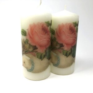 Valentine's day Dove and pink rose, handmade 2 pieces set Decoupage up cycle pillar candle 2 x 4 inches tall white unscented centerpiece, hand decorated