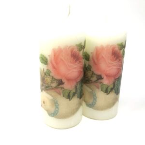 Valentine's day Dove and pink rose, handmade 2 pieces set Decoupage up cycle pillar candle 2 x 4 inches tall white unscented centerpiece, hand decorated