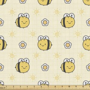 ambesonne insects fabric by the yard repetitive pattern with happy little bees flowers and suns decorative fabric for home essentials sewing hobby diy upholstery and home accents 1 yard mustard grey