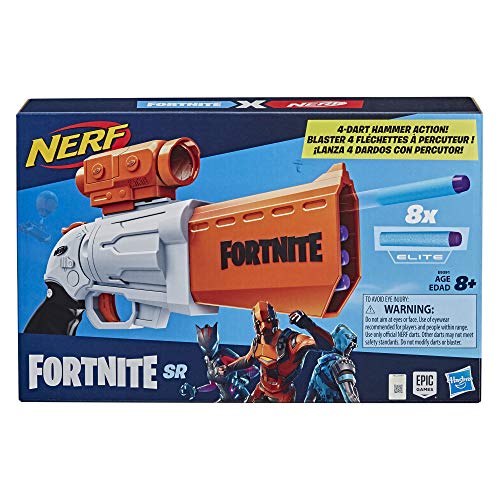 Nerf Fortnite SR Blaster - 4-Dart Hammer Action - includes Removable Scope and 8 Official Elite Darts - for Youth, Teens, Adults