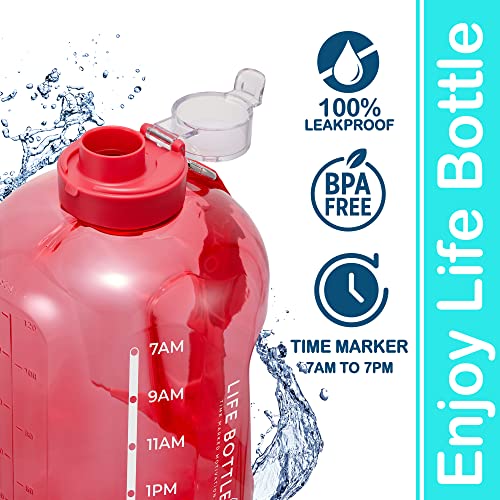 Life Bottle 1 Gallon Water Bottle with Straw Lid and Chug Lid, Leakproof Water Jug. Big Water Bottle with Time Marker, No Quotes. 128 oz Water Bottle with Handle and Straw, BPA Free Water Bottles