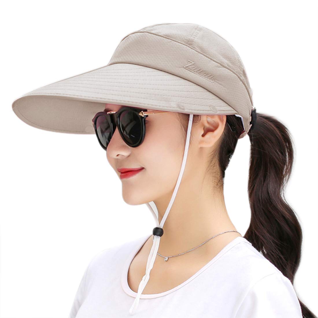 Women Summer Sun Protection Hat Wide Brim UV Hats Removable Neck Face Flap Cap with Ponytail Hole for Fishing Climbing Gardening Beige