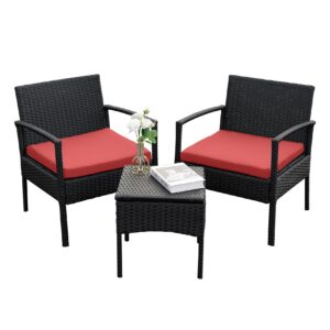 HOMEZILLIONS Outdoor Furniture 3 Piece Wicker Patio Conversation Bistro Furniture Set, All-Weather Outdoor Patio Chairs Set with Side Table for Garden Porch Yard, Red