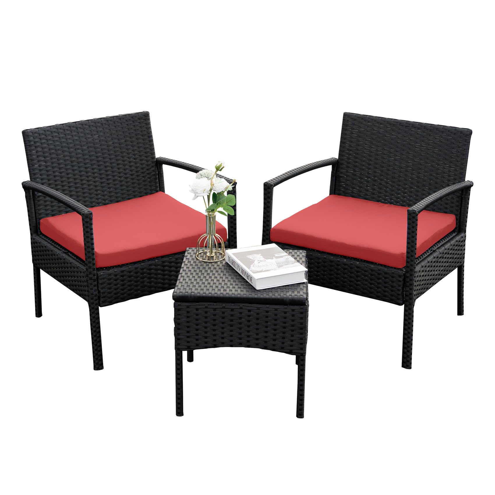 HOMEZILLIONS Outdoor Furniture 3 Piece Wicker Patio Conversation Bistro Furniture Set, All-Weather Outdoor Patio Chairs Set with Side Table for Garden Porch Yard, Red