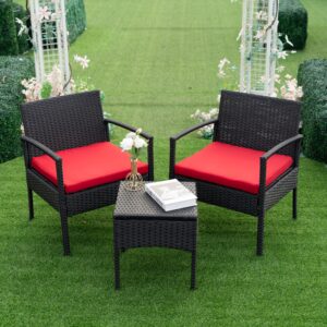 HOMEZILLIONS Outdoor Furniture 3 Piece Wicker Patio Conversation Bistro Furniture Set, All-Weather Outdoor Patio Chairs Set with Side Table for Garden Porch Yard, Red