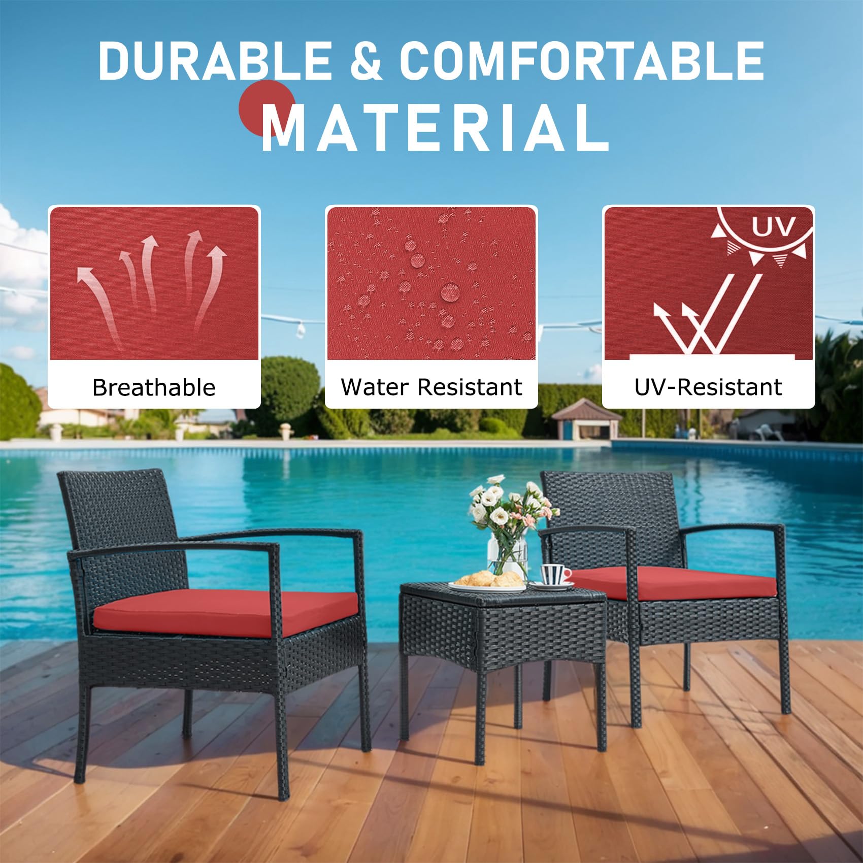 HOMEZILLIONS Outdoor Furniture 3 Piece Wicker Patio Conversation Bistro Furniture Set, All-Weather Outdoor Patio Chairs Set with Side Table for Garden Porch Yard, Red