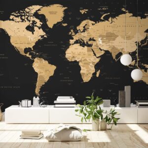 Murwall Map Wallpaper Black Brown World Map Wall Mural Dark Political Maps Wall Print Livingroom Office Decor Entryway Hallway