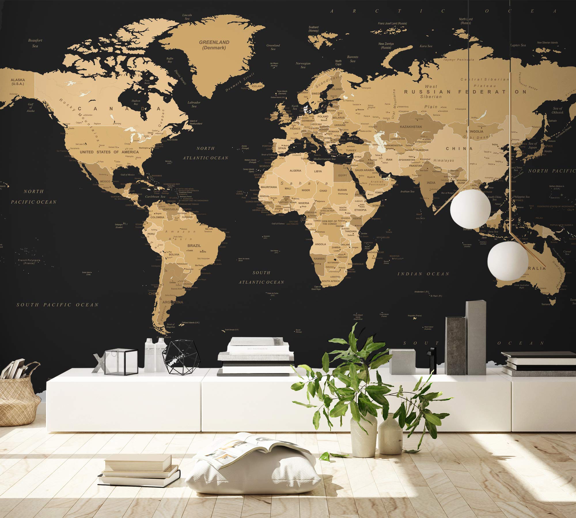 Murwall Map Wallpaper Black Brown World Map Wall Mural Dark Political Maps Wall Print Livingroom Office Decor Entryway Hallway