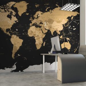 Murwall Map Wallpaper Black Brown World Map Wall Mural Dark Political Maps Wall Print Livingroom Office Decor Entryway Hallway