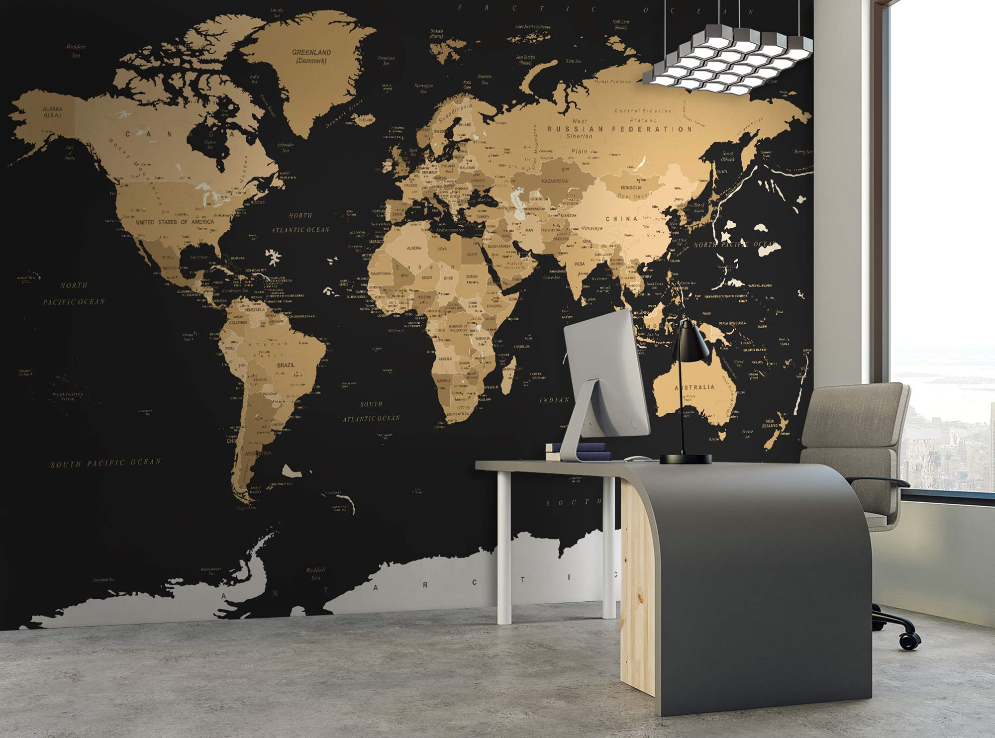 Murwall Map Wallpaper Black Brown World Map Wall Mural Dark Political Maps Wall Print Livingroom Office Decor Entryway Hallway