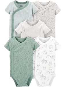 simple joys by carter's baby 5-pack side snap short-sleeve bodysuit, green/grey forest animals/light grey heather/mint green stripe/white llama, 3-6 months