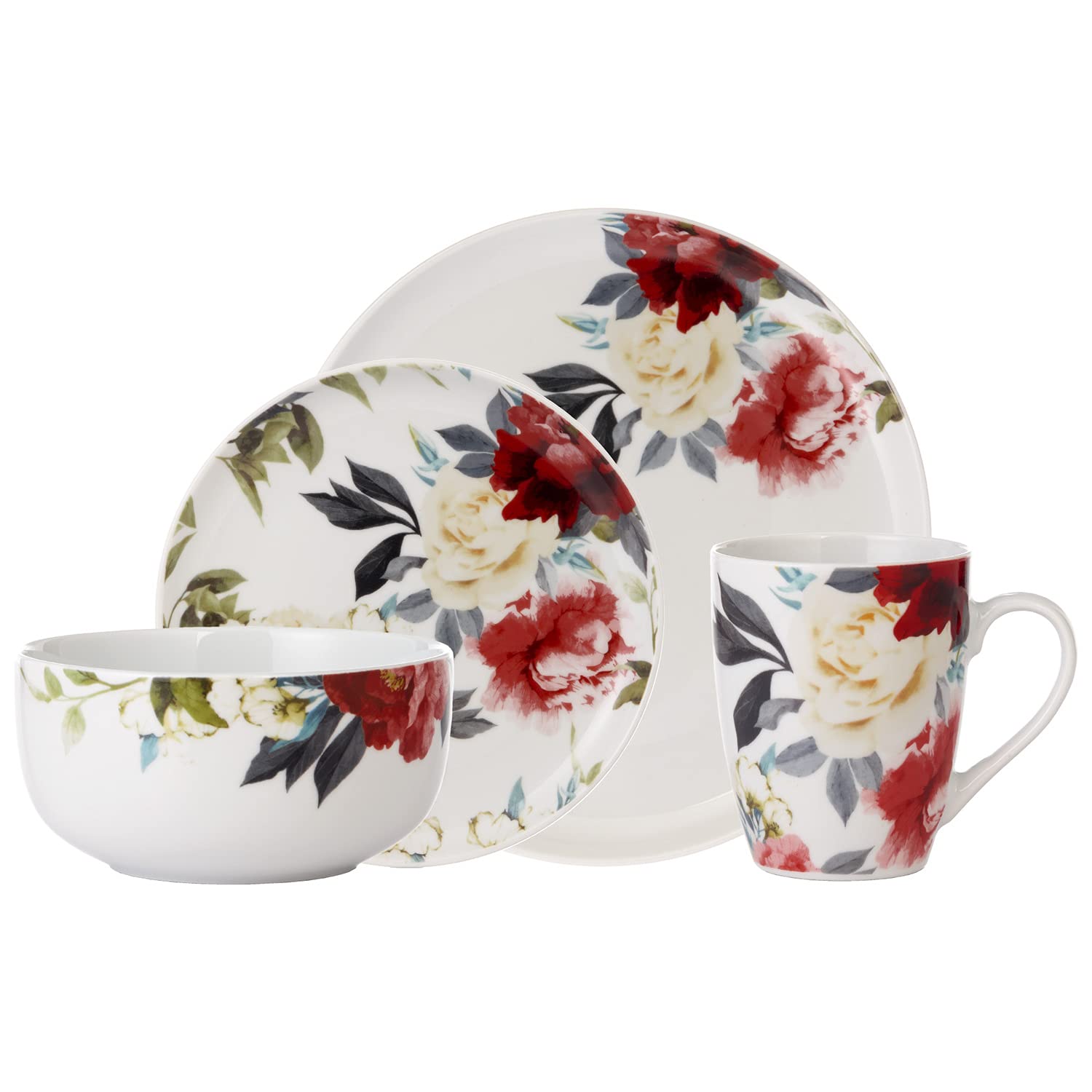 Safdie & Co. Rose Garden 16 Piece Dinnerware Set, Service for 4, Fiesta Dinnerware, plates and bowls sets, network essentials, Porcelain dinner plates, Multicolor, 16" L x 12" W x 15" H