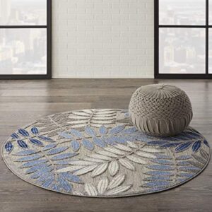 Nourison Aloha Indoor/Outdoor Grey/Blue 5'3" x Round Area Rug, Easy Cleaning, Non Shedding, Bed Room, Living Room, Dining Room, Backyard, Deck, Patio (5 Round)