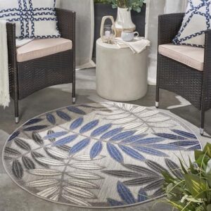 Nourison Aloha Indoor/Outdoor Grey/Blue 5'3" x Round Area Rug, Easy Cleaning, Non Shedding, Bed Room, Living Room, Dining Room, Backyard, Deck, Patio (5 Round)