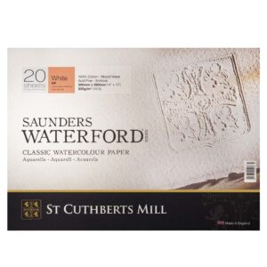 st. cuthberts mill saunders waterford watercolor paper block - 14x10-inch white 100% cotton watercolor paper - 20 sheets of 140lb hot press watercolor paper for gouache ink acrylic charcoal and more