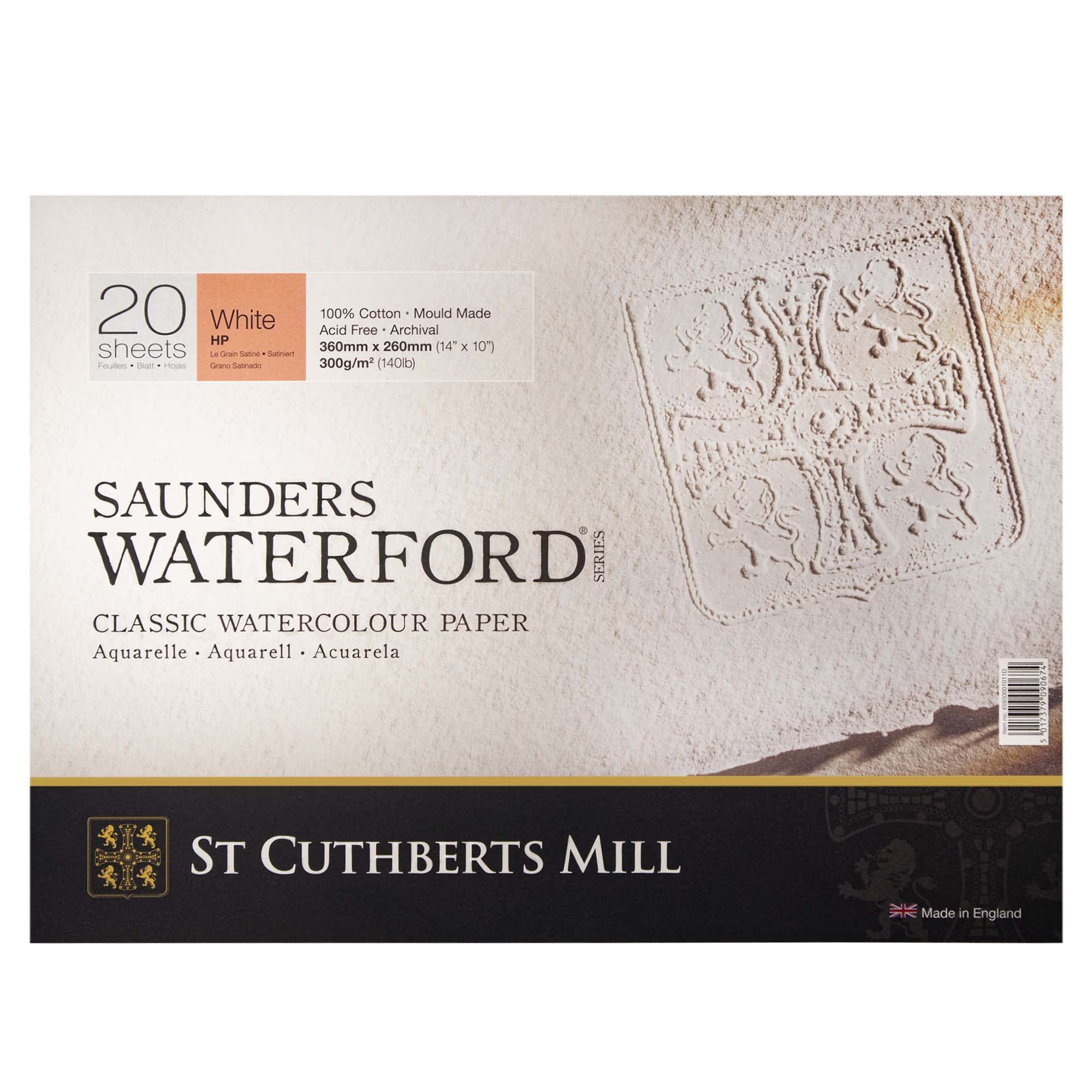 St. Cuthberts Mill Saunders Waterford Watercolor Paper Block - 14x10-inch White 100% Cotton Watercolor Paper - 20 Sheets of 140lb Hot Press Watercolor Paper for Gouache Ink Acrylic Charcoal and More