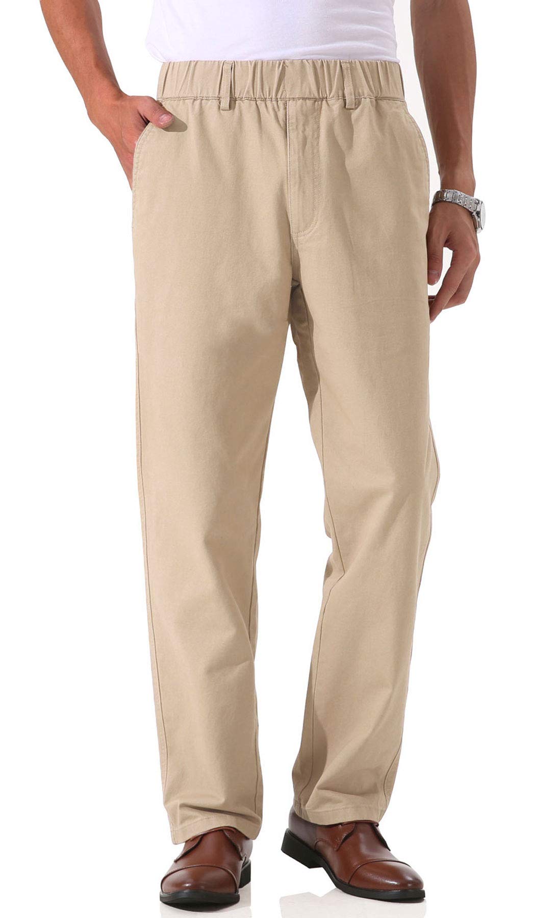 Soojun Men's Cotton Relaxed Fit Full Elastic Waist Twill Pants, Khaki, 40W x 32L