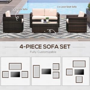 Outsunny 4 Piece Wicker Patio Furniture Set with Cushions, Outdoor Sectional Furniture with 2 Sofa, Loveseat, and Glass Top Coffee Table, Conversation Sofa Sets for Garden, Beige