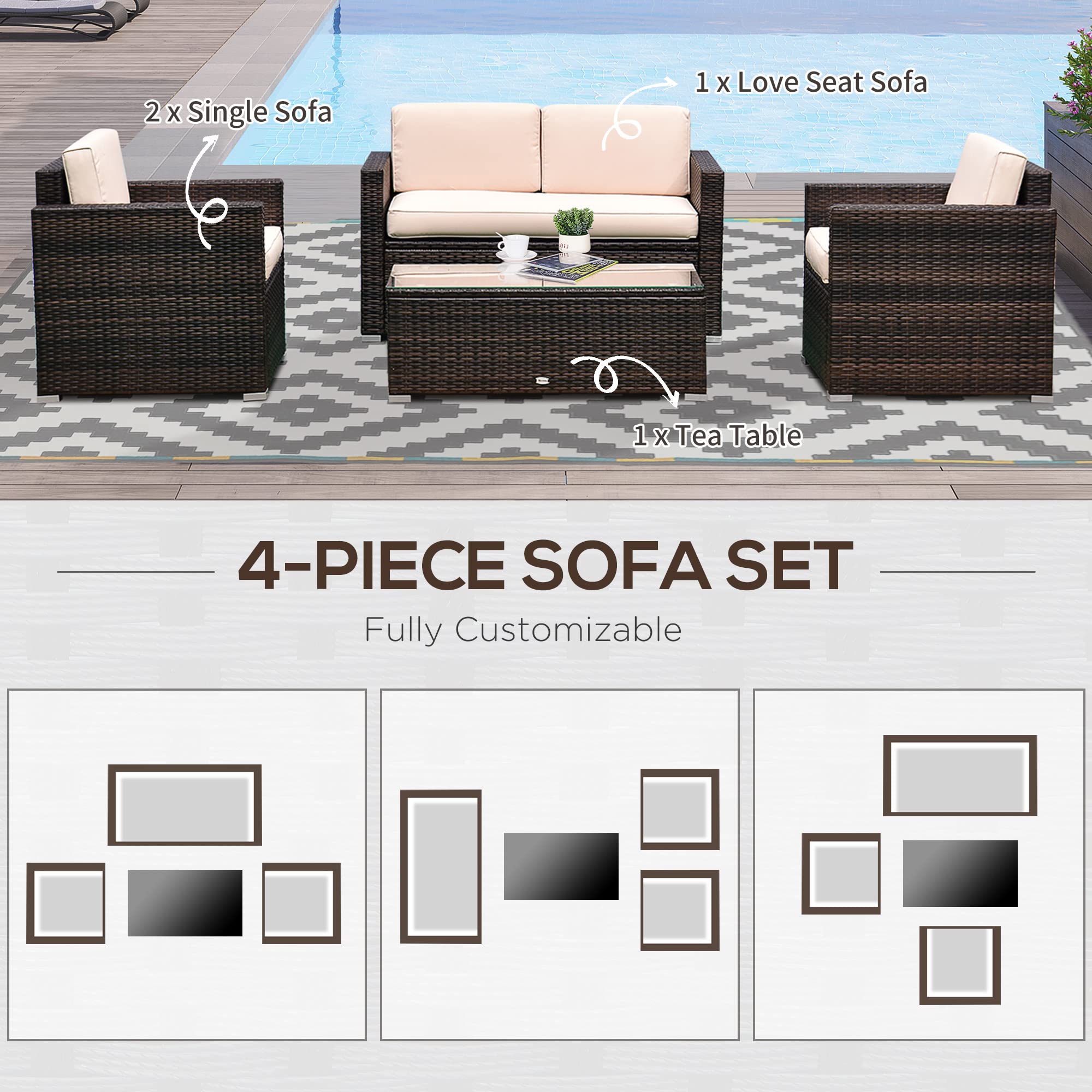 Outsunny 4 Piece Wicker Patio Furniture Set with Cushions, Outdoor Sectional Furniture with 2 Sofa, Loveseat, and Glass Top Coffee Table, Conversation Sofa Sets for Garden, Beige