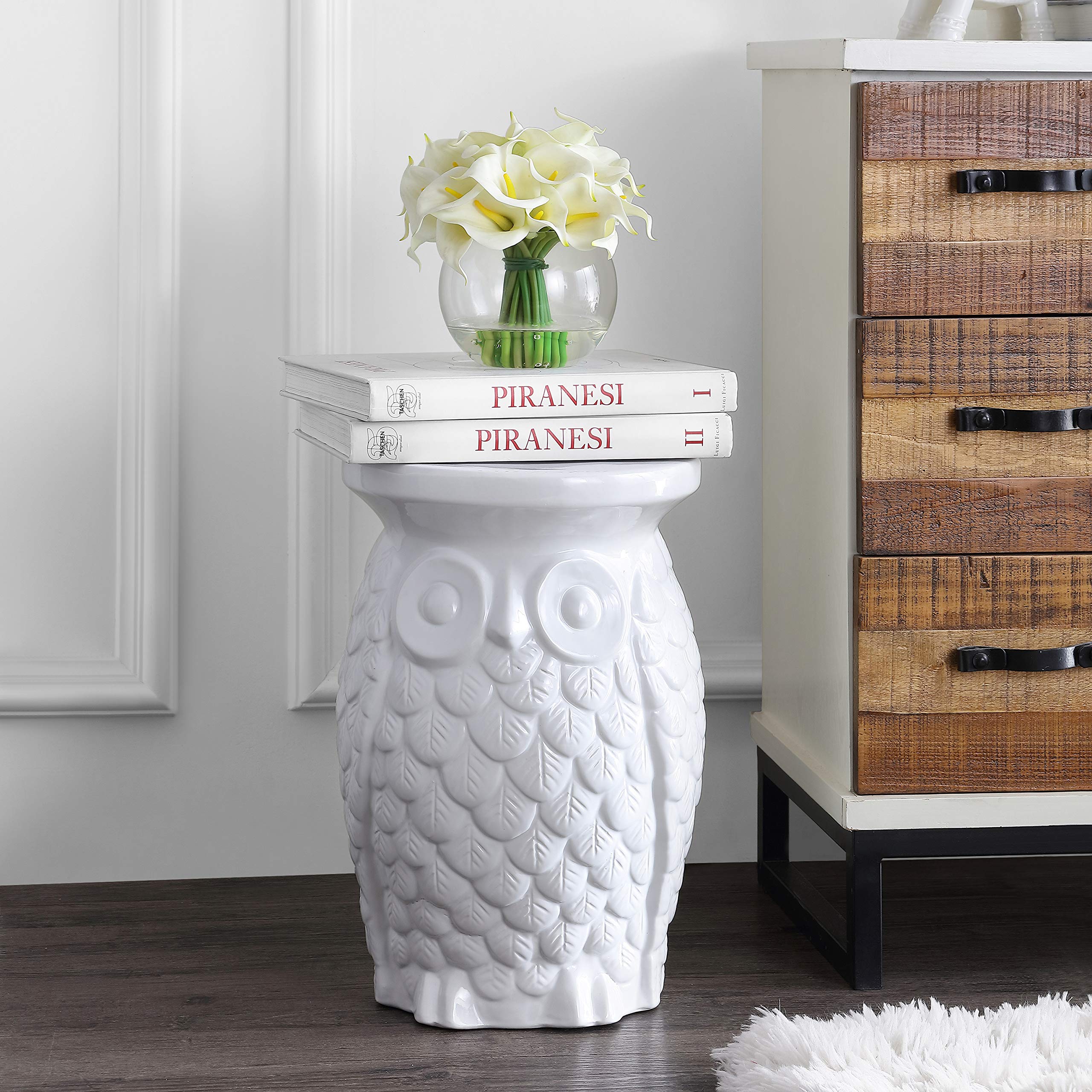 JONATHAN Y TBL1023A Groovy Owl 17.5" Ceramic Garden Stool Transitional, Traditional, Cottage, Classic, Bohemian, Side Table, Plant Stand, Spill-Proof, Living Room, Garden Room, Patio, White