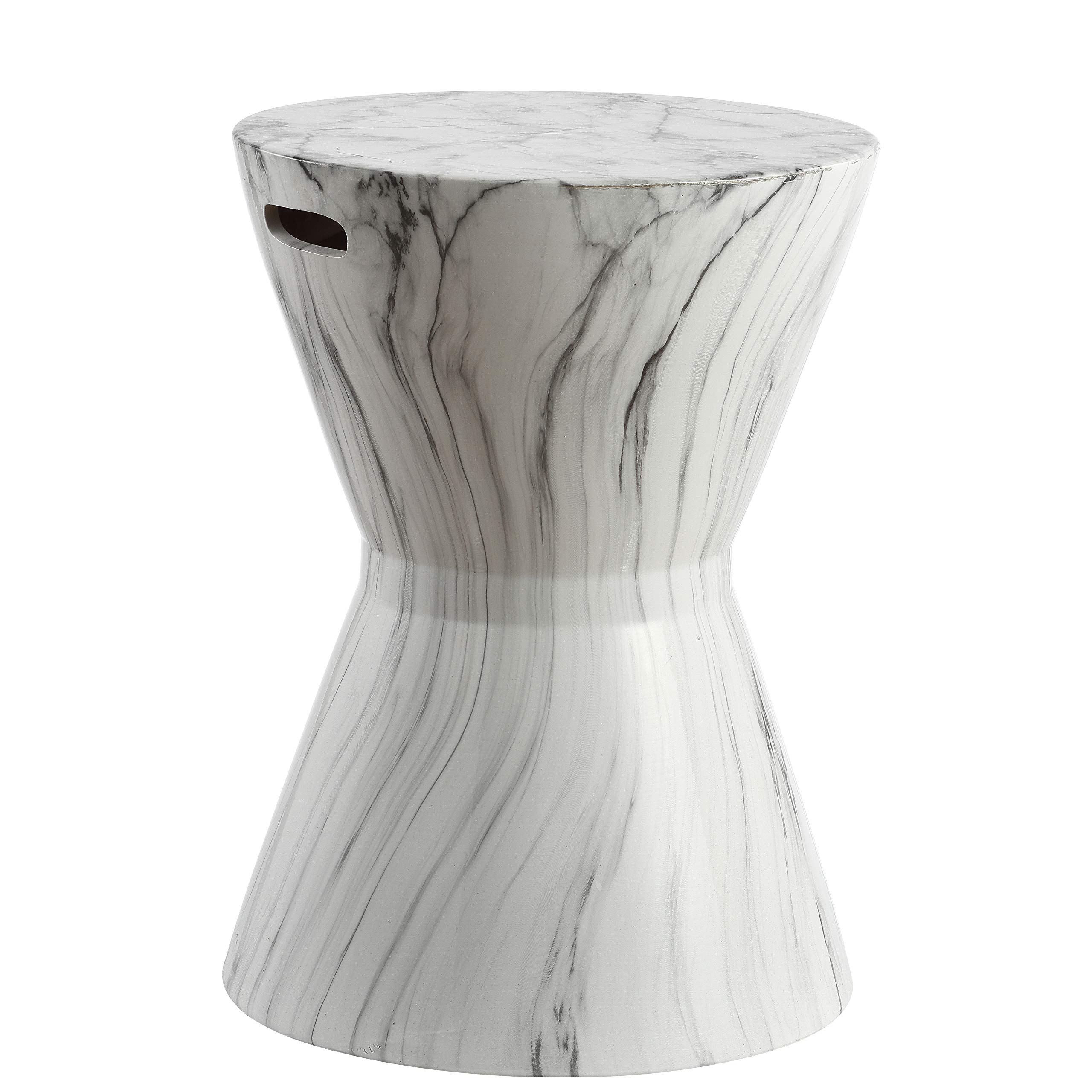 JONATHAN Y TBL1020A African Drum 17.3" White Marble Finish Ceramic Garden Stool, Contemporary, Midcentury, Modern, Scandinavian, Transitional, Side Table, Plant Stand, Spill-Proof, White Marble Finish