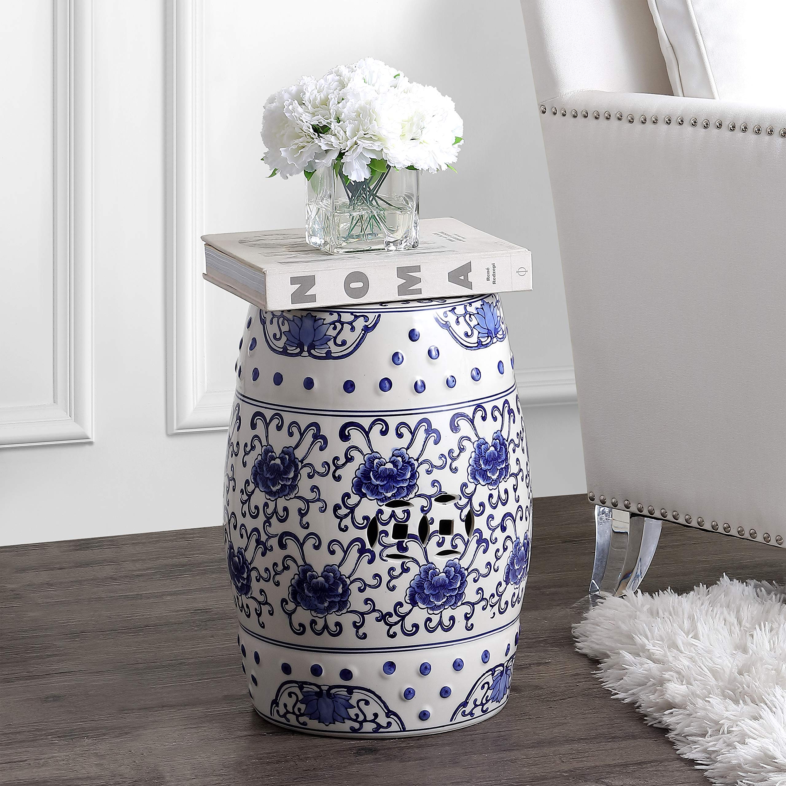 JONATHAN Y TBL1000A Lotus Flower 17.8" Chinoiserie Ceramic Drum Garden Stool Bohemian, Coastal, Classic, Cottage, French Country, Traditional, Transitional, Bathroom, Garden Room, Patio, Blue/White