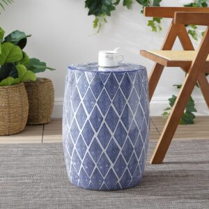 JONATHAN Y TBL1019A Moroccan Diamonds 18" Ceramic Drum Garden Stool, Coastal, Contemporary, Transitional, Side Table, Plant Stand, Spill-Proof, Living Room, Garden Room, Patio, Blue/White