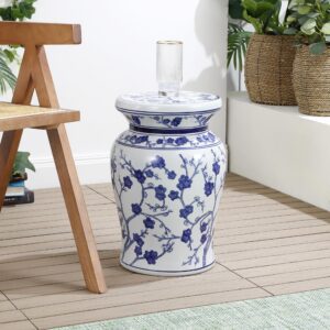 JONATHAN Y TBL1016A Cherry Blossom 17.7" Ceramic Garden Stool, Coastal, Contemporary, Transitional, Chinese Porcelain, Side Table, Plant Stand, Spill-Proof, Living Room, Garden Room, Patio, White/Blue