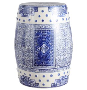 jonathan y tbl1003a acanthus 17.8" chinoiserie ceramic drum garden stool, bohemian, coastal, classic, cottage, french country, traditional, transitional, living room, garden room, patio, blue/white