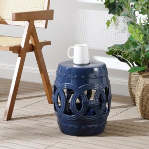 JONATHAN Y TBL1022B Lucky Coins 16" Chinese Ceramic Drum Garden Stool Bohemian, Coastal, Classic, Cottage, French Country, Traditional, Transitional, Side Table, Plant Stand, Spill-Proof, Navy