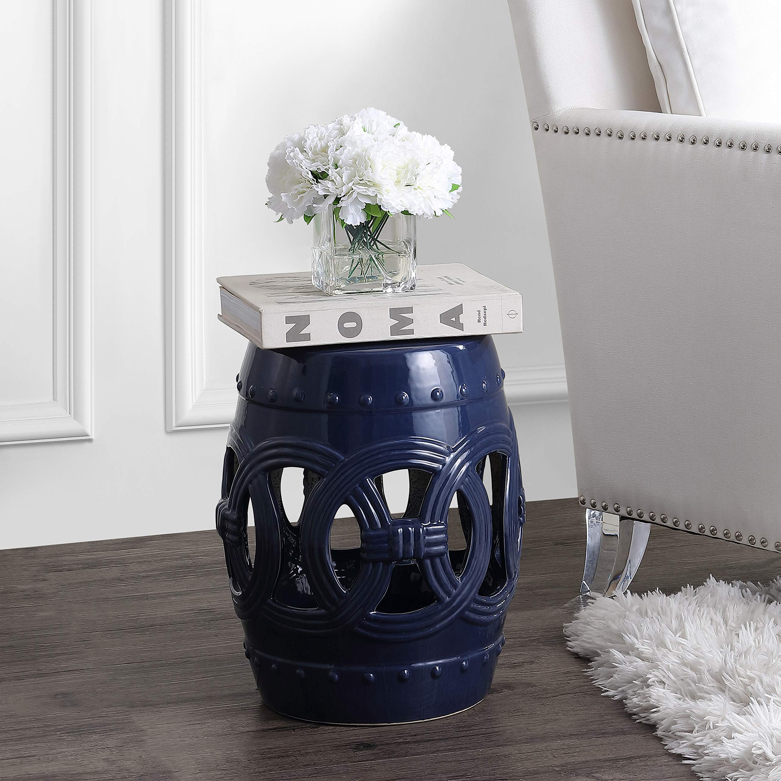 JONATHAN Y TBL1022B Lucky Coins 16" Chinese Ceramic Drum Garden Stool Bohemian, Coastal, Classic, Cottage, French Country, Traditional, Transitional, Side Table, Plant Stand, Spill-Proof, Navy