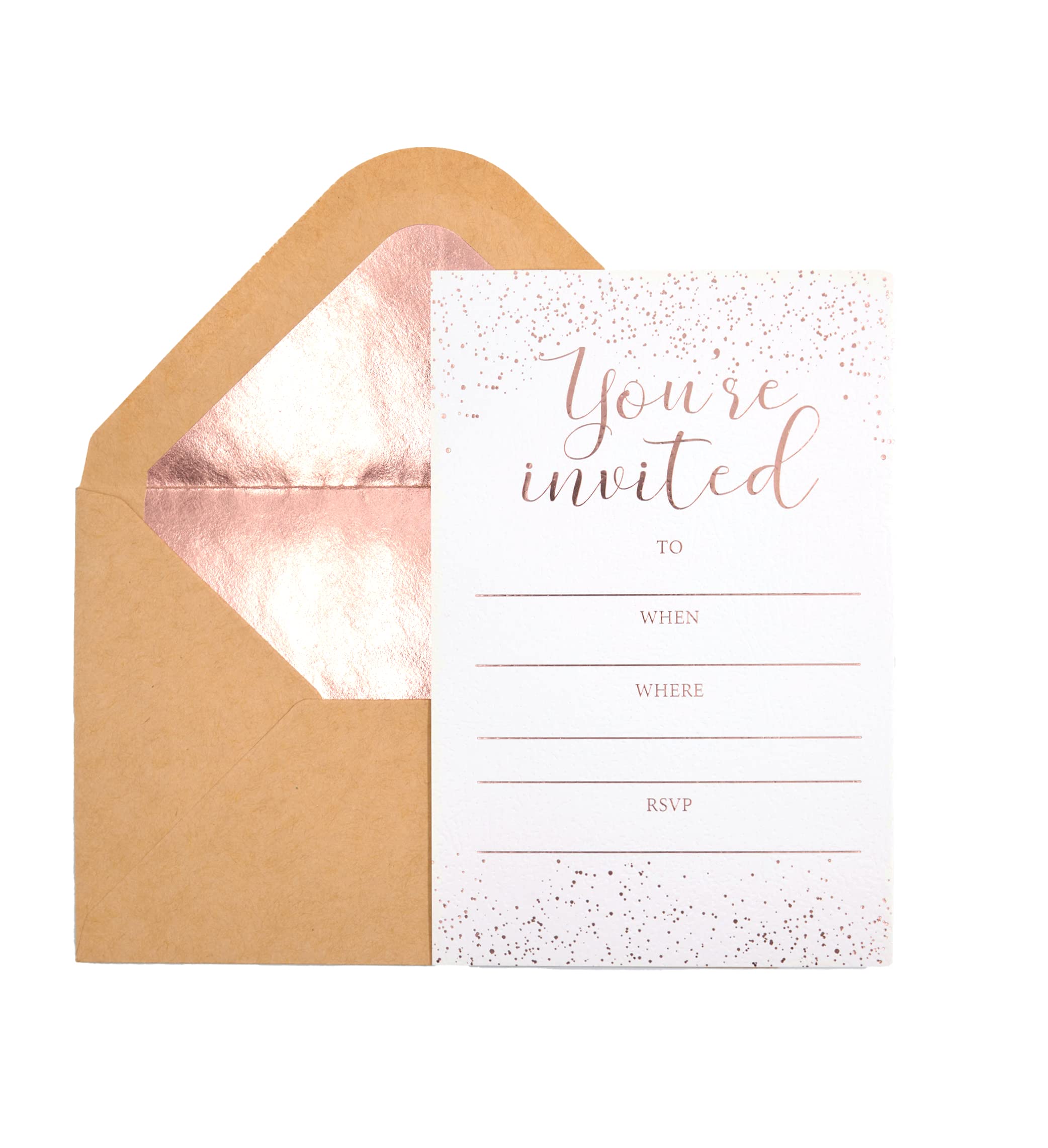 Chriz.Z Invitation Cards - 24-Count 4" x 6" White Invitation Cards ‘’You Are Invited’’ in Rose Gold Foil with 26 Foil Kraft Envelopes – For Wedding, Bridal Shower, Baby Shower, Birthday