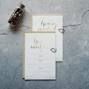 Chriz.Z Invitation Cards - 24-Count 4" x 6" White Invitation Cards ‘’You Are Invited’’ in Rose Gold Foil with 26 Foil Kraft Envelopes – For Wedding, Bridal Shower, Baby Shower, Birthday