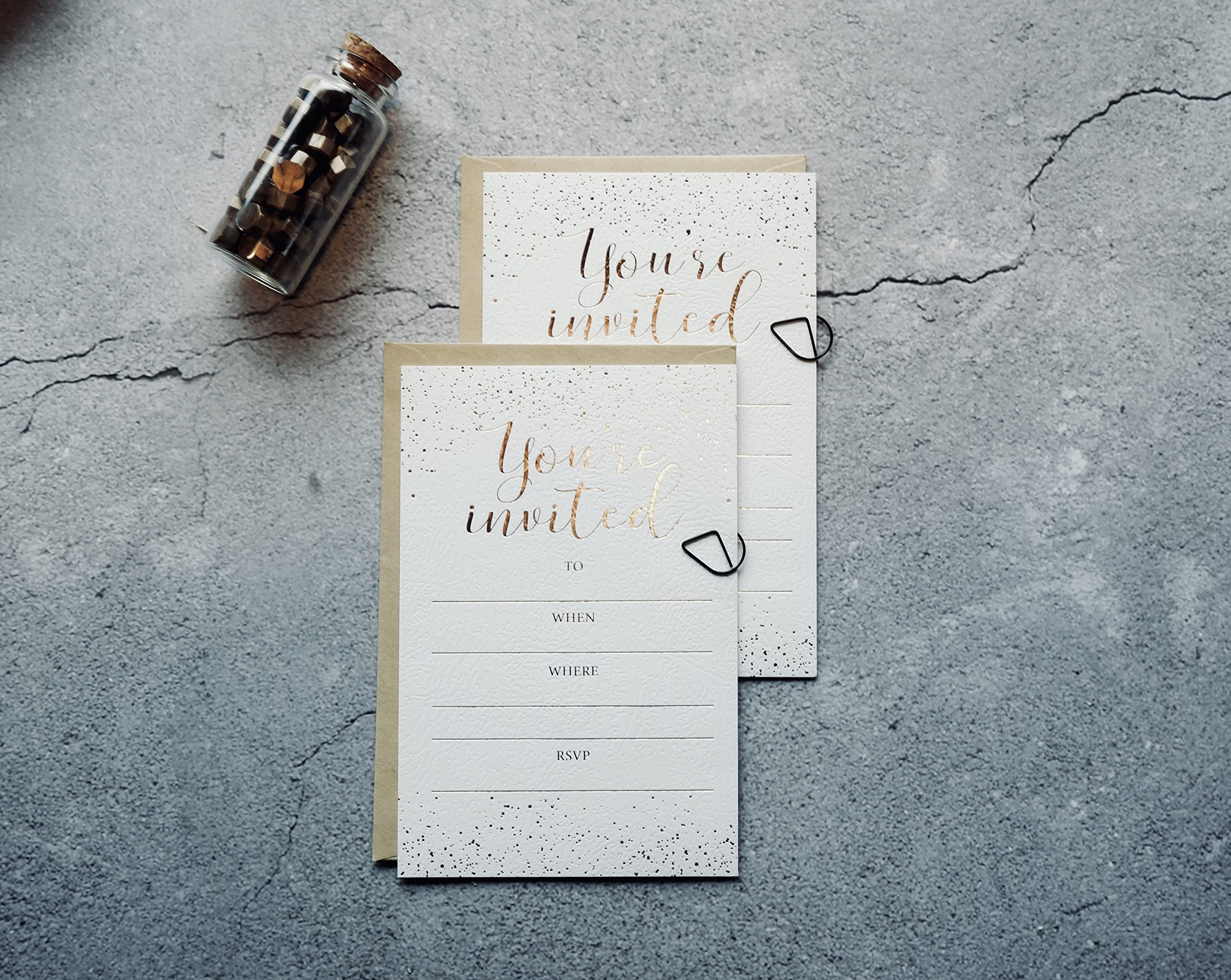 Chriz.Z Invitation Cards - 24-Count 4" x 6" White Invitation Cards ‘’You Are Invited’’ in Rose Gold Foil with 26 Foil Kraft Envelopes – For Wedding, Bridal Shower, Baby Shower, Birthday