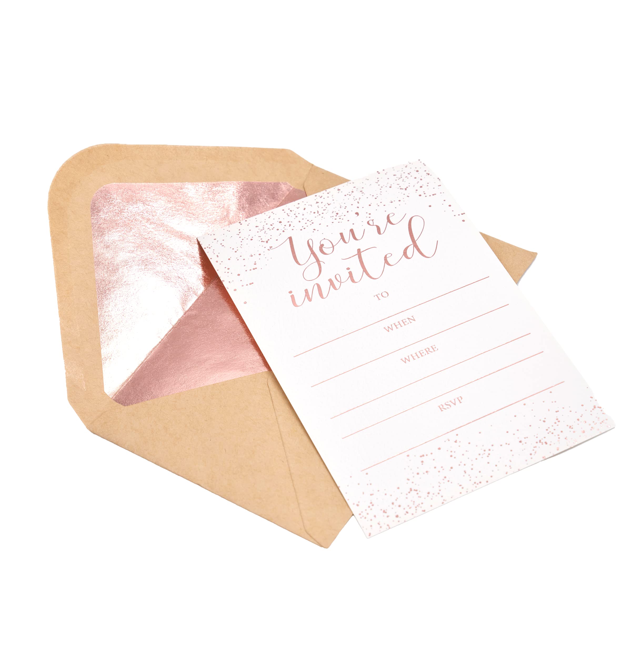 Chriz.Z Invitation Cards - 24-Count 4" x 6" White Invitation Cards ‘’You Are Invited’’ in Rose Gold Foil with 26 Foil Kraft Envelopes – For Wedding, Bridal Shower, Baby Shower, Birthday