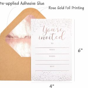 Chriz.Z Invitation Cards - 24-Count 4" x 6" White Invitation Cards ‘’You Are Invited’’ in Rose Gold Foil with 26 Foil Kraft Envelopes – For Wedding, Bridal Shower, Baby Shower, Birthday