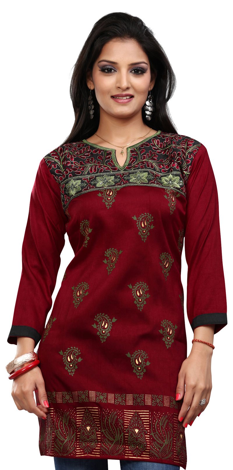 Indian Short Kurti Top Tunic Embroidered Women's India Clothes (Maroon,5XL)