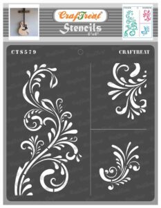 craftreat floral stencils for painting on wood, canvas, paper, fabric, floor, wall and tile - fancy flourish - 6x6 inches - reusable diy art and craft stencils for painting flowers - flourish stencil