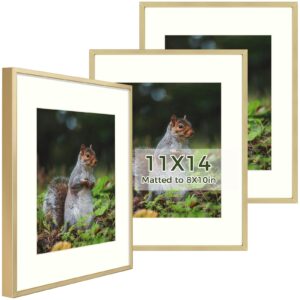 golden state art, 11x14 aluminum metal frame with ivory mat for 8x10 pictures, includes with sawtooth hangers and spring clips - wall mounting - real glass (gold, 3 pack)