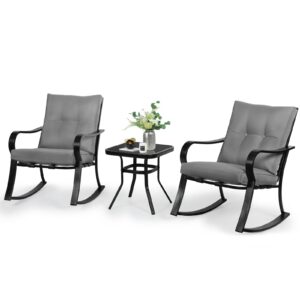 solaura 3-piece outdoor rocking chairs bistro set, black iron patio furniture with gray thickened cushion & glass-top coffee table