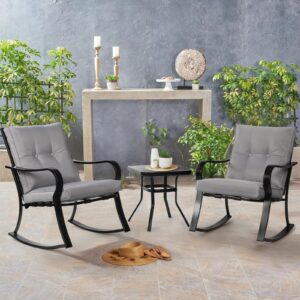 SOLAURA 3-Piece Outdoor Rocking Chairs Bistro Set, Black Iron Patio Furniture with Gray Thickened Cushion & Glass-Top Coffee Table