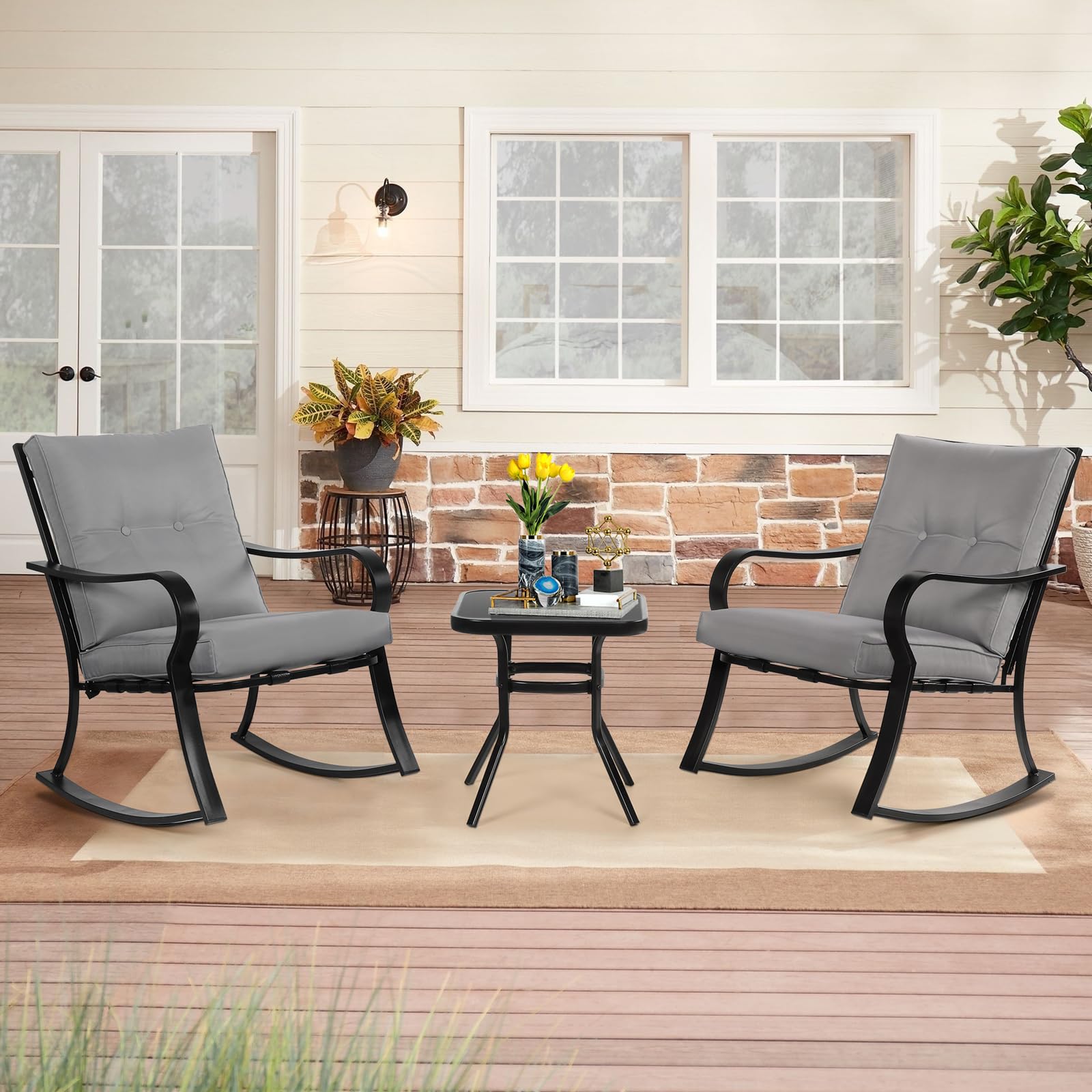 SOLAURA 3-Piece Outdoor Rocking Chairs Bistro Set, Black Iron Patio Furniture with Gray Thickened Cushion & Glass-Top Coffee Table