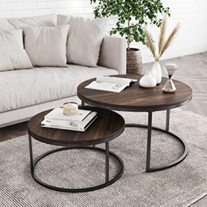 nathan james stella round modern nesting coffee set of 2, stacking living room accent tables with an industrial wood finish and powder coated metal frame, warm nutmeg/matte black