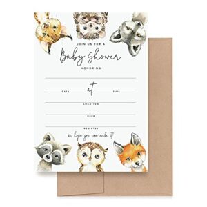 bliss collections 25 baby shower invitations with envelopes woodland animals, forest creatures, fox, owl, racoon, wolf, hedgehog, bobcat - gender neutral, 5x7 cards